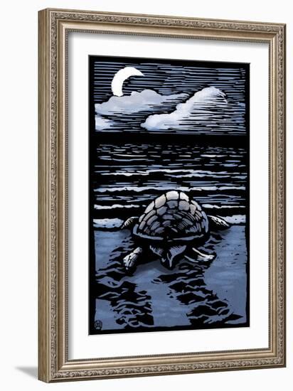 Sea Turtle on Beach - Scratchboard-Lantern Press-Framed Art Print