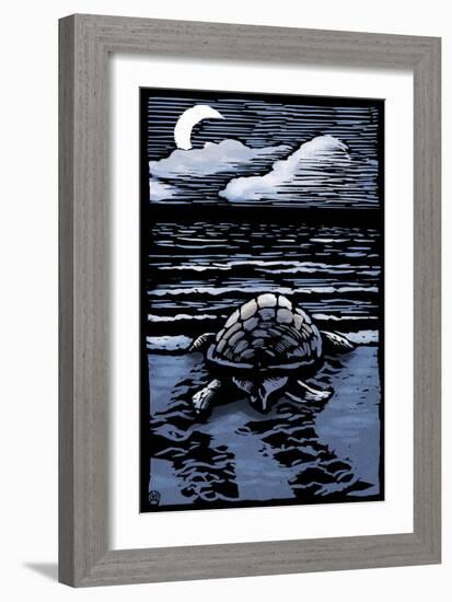 Sea Turtle on Beach - Scratchboard-Lantern Press-Framed Art Print