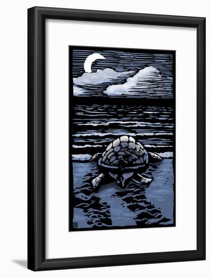 Sea Turtle on Beach - Scratchboard-Lantern Press-Framed Art Print