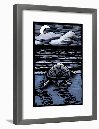 Sea Turtle on Beach - Scratchboard-Lantern Press-Framed Art Print