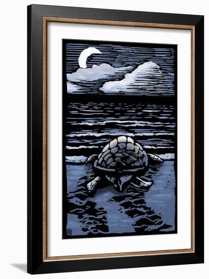 Sea Turtle on Beach - Scratchboard-Lantern Press-Framed Art Print