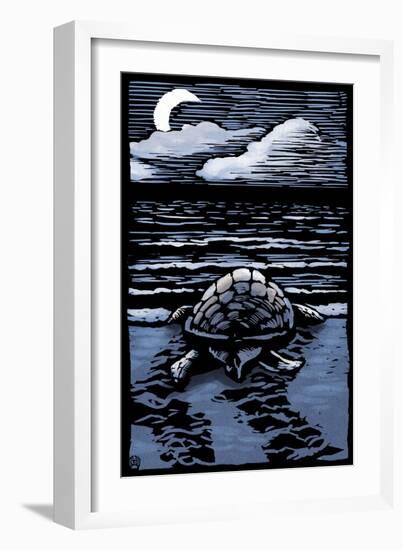 Sea Turtle on Beach - Scratchboard-Lantern Press-Framed Art Print