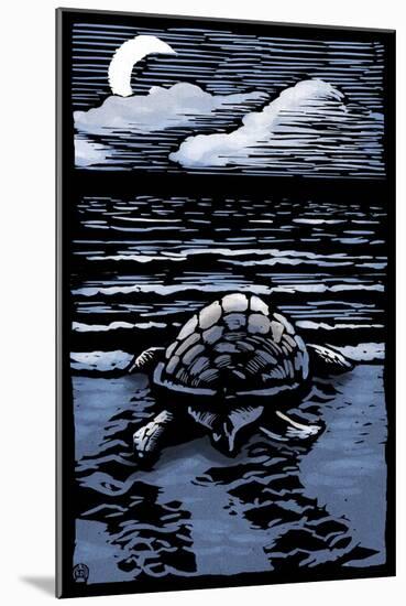 Sea Turtle on Beach - Scratchboard-Lantern Press-Mounted Art Print