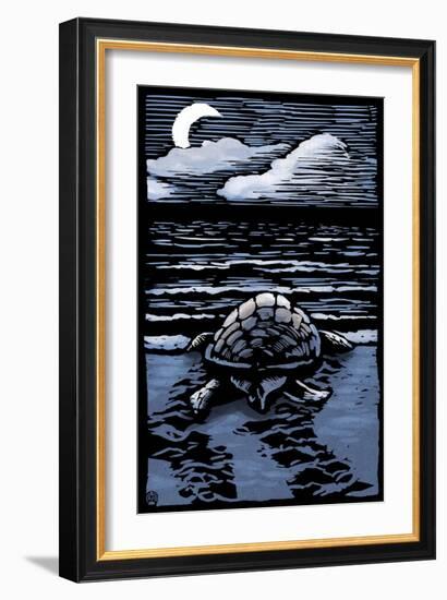 Sea Turtle on Beach - Scratchboard-Lantern Press-Framed Art Print