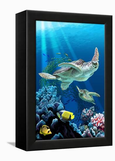 Sea Turtle Swimming-Lantern Press-Framed Stretched Canvas
