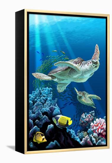 Sea Turtle Swimming-Lantern Press-Framed Stretched Canvas