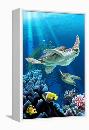 Sea Turtle Swimming-Lantern Press-Framed Stretched Canvas