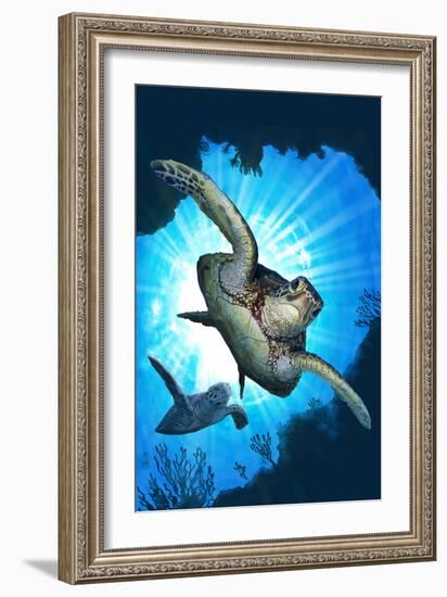 Sea Turtles Diving-Lantern Press-Framed Art Print