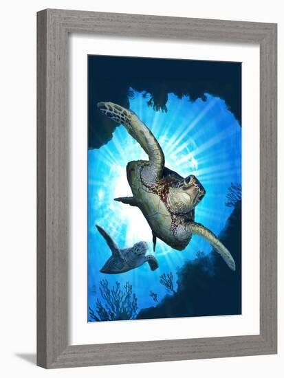 Sea Turtles Diving-Lantern Press-Framed Art Print