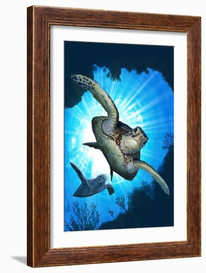 Sea Turtles Diving-Lantern Press-Framed Art Print