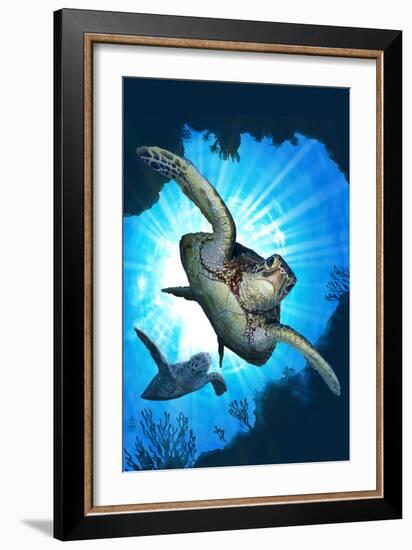 Sea Turtles Diving-Lantern Press-Framed Art Print