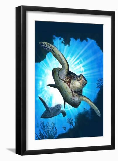 Sea Turtles Diving-Lantern Press-Framed Art Print