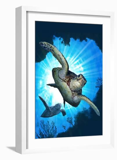 Sea Turtles Diving-Lantern Press-Framed Art Print