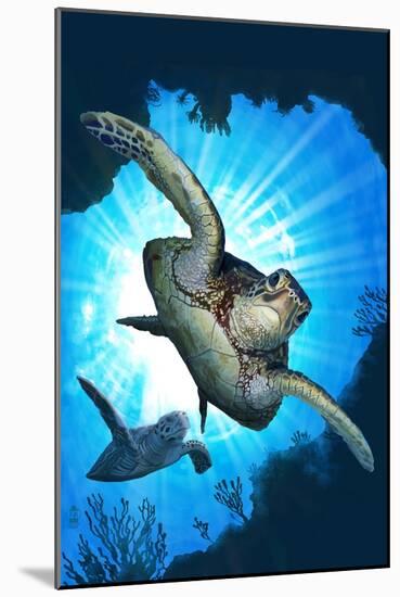 Sea Turtles Diving-Lantern Press-Mounted Art Print