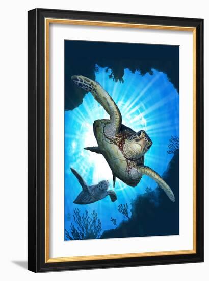 Sea Turtles Diving-Lantern Press-Framed Art Print