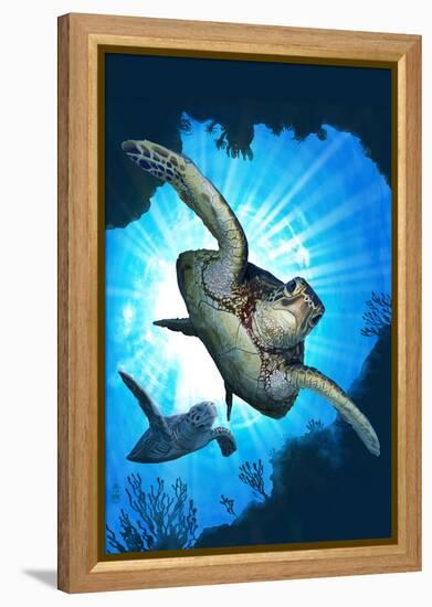 Sea Turtles Diving-Lantern Press-Framed Stretched Canvas