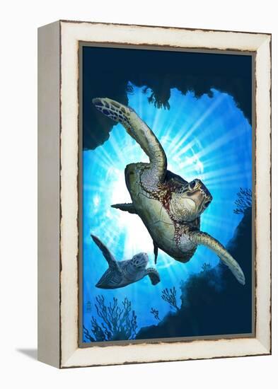 Sea Turtles Diving-Lantern Press-Framed Stretched Canvas