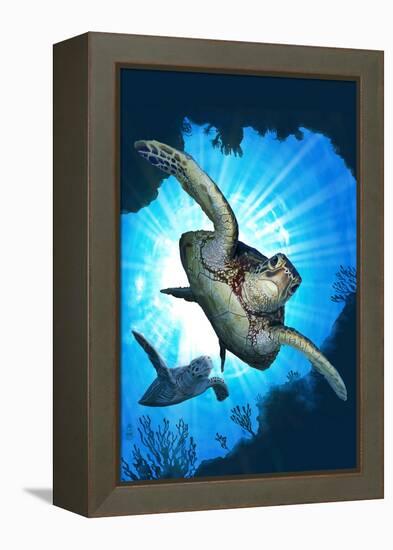 Sea Turtles Diving-Lantern Press-Framed Stretched Canvas