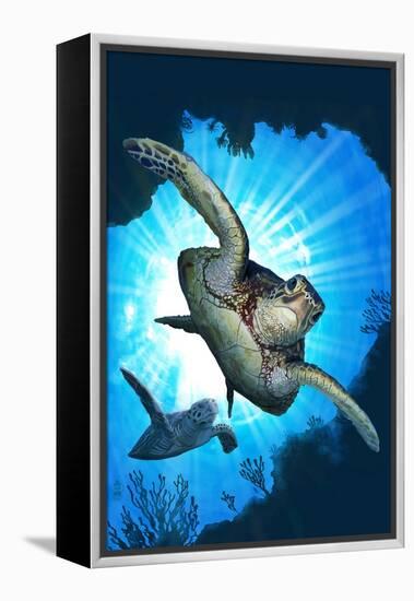 Sea Turtles Diving-Lantern Press-Framed Stretched Canvas