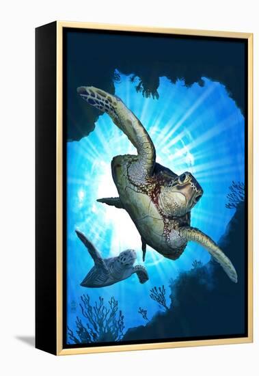 Sea Turtles Diving-Lantern Press-Framed Stretched Canvas