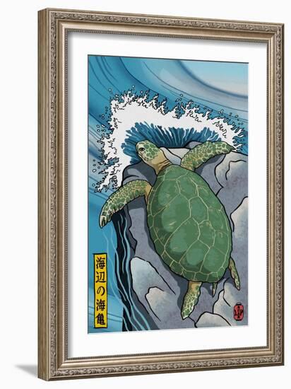 Sea Turtles - Woodblock Print-Lantern Press-Framed Art Print