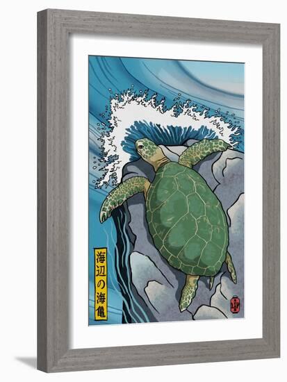 Sea Turtles - Woodblock Print-Lantern Press-Framed Art Print