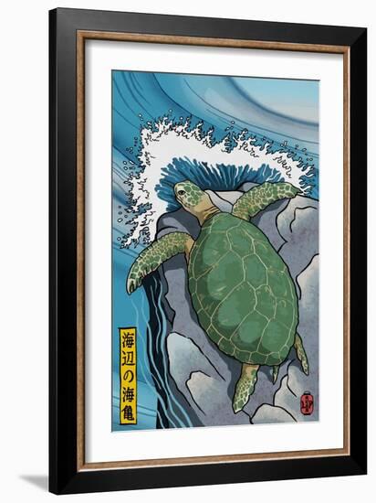 Sea Turtles - Woodblock Print-Lantern Press-Framed Art Print