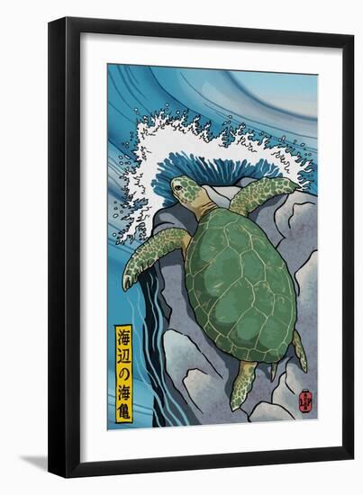 Sea Turtles - Woodblock Print-Lantern Press-Framed Art Print