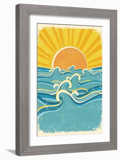 Sea Waves and Yellow Sun on Old Paper Texture.Vintage Illustration-Tancha-Framed Art Print
