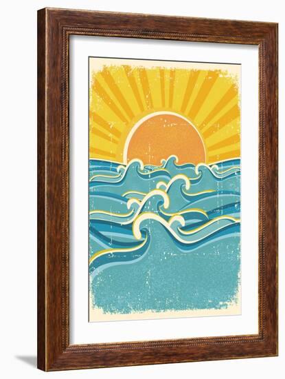 Sea Waves and Yellow Sun on Old Paper Texture.Vintage Illustration-Tancha-Framed Art Print