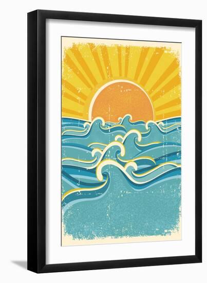 Sea Waves and Yellow Sun on Old Paper Texture.Vintage Illustration-Tancha-Framed Art Print