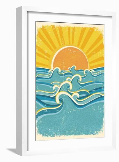 Sea Waves and Yellow Sun on Old Paper Texture.Vintage Illustration-Tancha-Framed Art Print