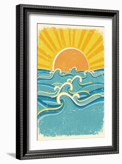 Sea Waves and Yellow Sun on Old Paper Texture.Vintage Illustration-Tancha-Framed Art Print