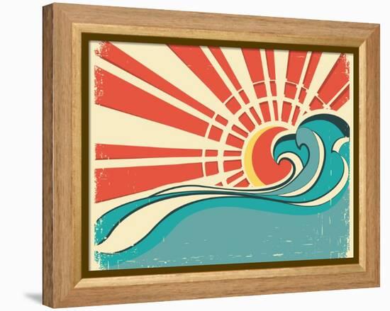 Sea Waves.Vintage Illustration Of Nature Poster With Sun On Old Paper-GeraKTV-Framed Stretched Canvas