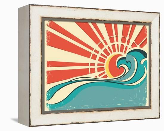 Sea Waves.Vintage Illustration Of Nature Poster With Sun On Old Paper-GeraKTV-Framed Stretched Canvas