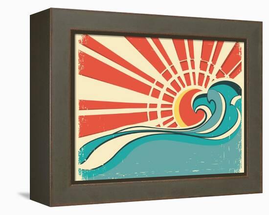 Sea Waves.Vintage Illustration Of Nature Poster With Sun On Old Paper-GeraKTV-Framed Stretched Canvas