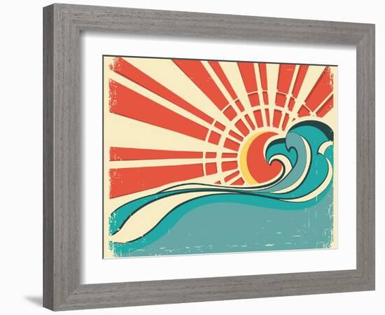 Sea Waves.Vintage Illustration Of Nature Poster With Sun On Old Paper-GeraKTV-Framed Art Print