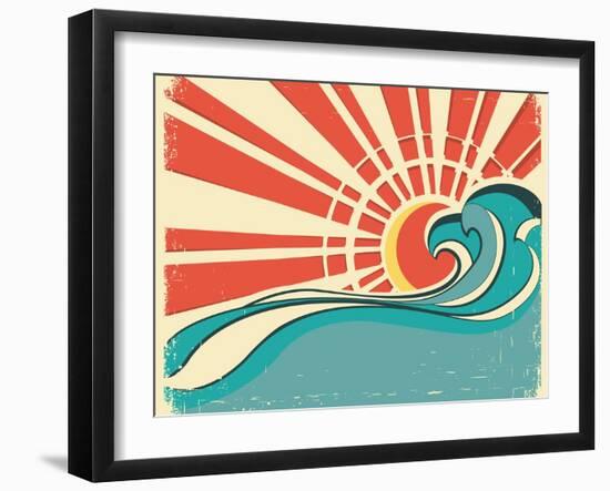 Sea Waves.Vintage Illustration Of Nature Poster With Sun On Old Paper-GeraKTV-Framed Art Print