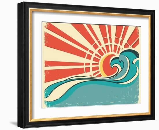 Sea Waves.Vintage Illustration Of Nature Poster With Sun On Old Paper-GeraKTV-Framed Art Print