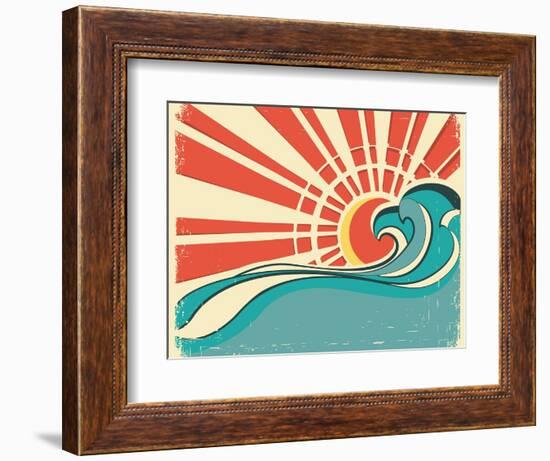 Sea Waves.Vintage Illustration Of Nature Poster With Sun On Old Paper-GeraKTV-Framed Premium Giclee Print