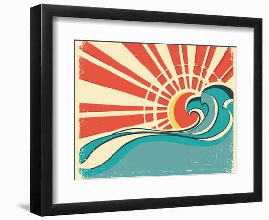 Sea Waves.Vintage Illustration Of Nature Poster With Sun On Old Paper-GeraKTV-Framed Premium Giclee Print
