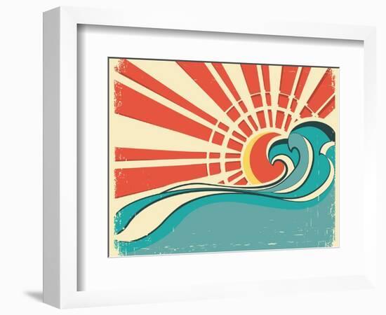 Sea Waves.Vintage Illustration Of Nature Poster With Sun On Old Paper-GeraKTV-Framed Premium Giclee Print