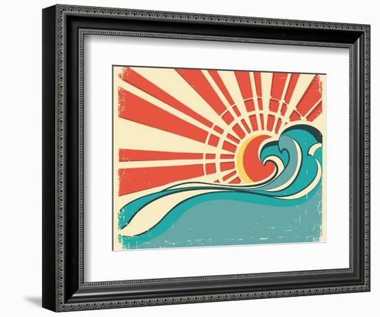 Sea Waves.Vintage Illustration Of Nature Poster With Sun On Old Paper-GeraKTV-Framed Premium Giclee Print