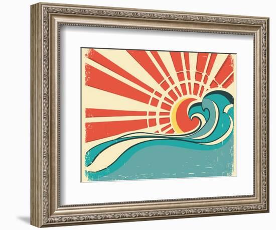 Sea Waves.Vintage Illustration Of Nature Poster With Sun On Old Paper-GeraKTV-Framed Art Print