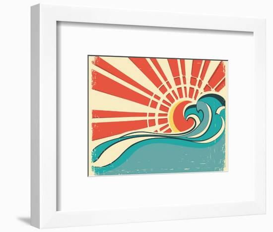 Sea Waves.Vintage Illustration Of Nature Poster With Sun On Old Paper-GeraKTV-Framed Art Print