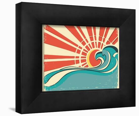 Sea Waves.Vintage Illustration Of Nature Poster With Sun On Old Paper-GeraKTV-Framed Art Print