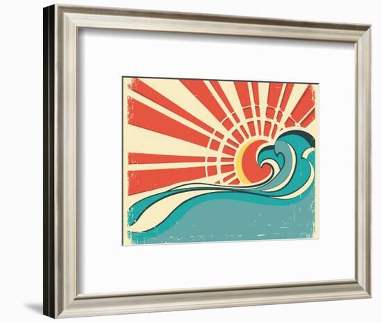 Sea Waves.Vintage Illustration Of Nature Poster With Sun On Old Paper-GeraKTV-Framed Art Print