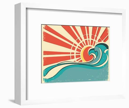 Sea Waves.Vintage Illustration Of Nature Poster With Sun On Old Paper-GeraKTV-Framed Art Print