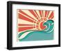 Sea Waves.Vintage Illustration Of Nature Poster With Sun On Old Paper-GeraKTV-Framed Art Print