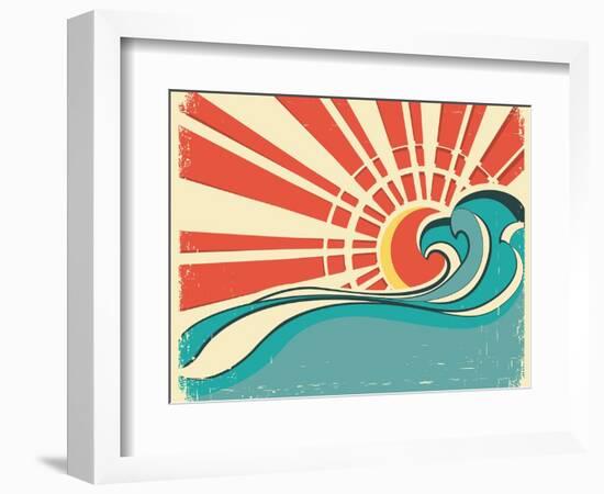 Sea Waves.Vintage Illustration Of Nature Poster With Sun On Old Paper-GeraKTV-Framed Art Print